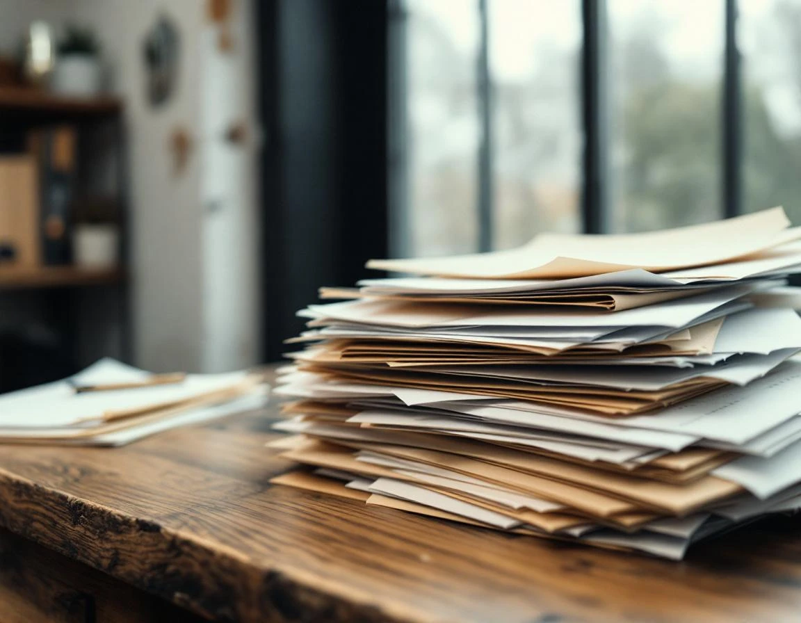 Desk workspace with stacked papers and folders near window during storm season planning