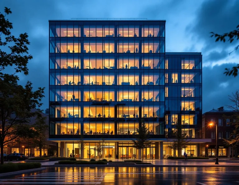 Multi-story office building at dusk with illuminated workspaces showing continuous business operations