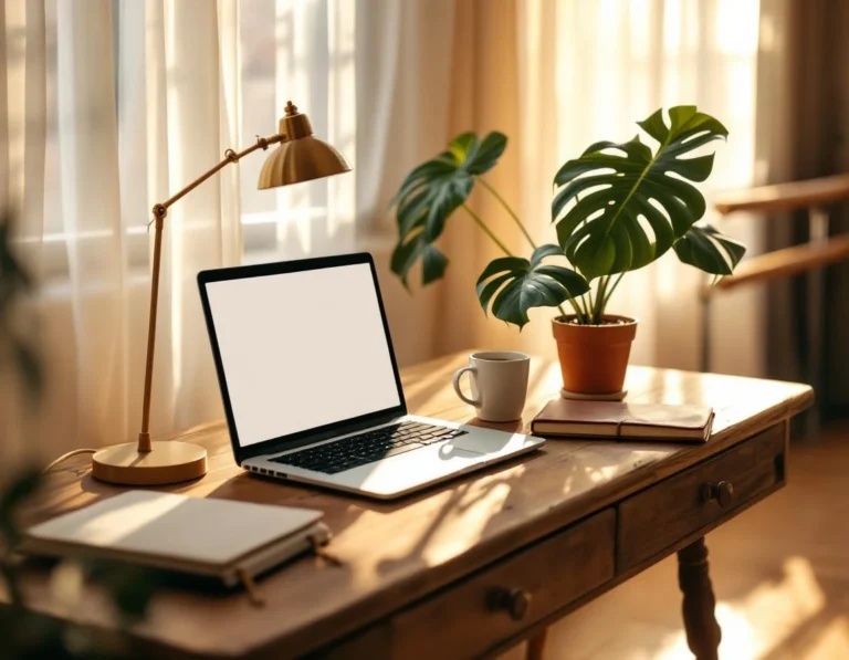 Dance studio workspace with laptop and planner bathed in natural window light during afternoon hours