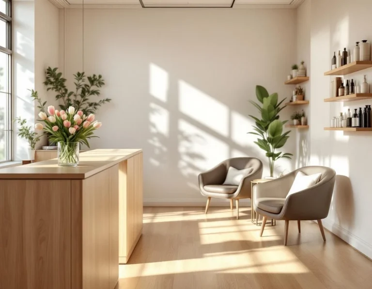 Natural spring light illuminating modern salon reception with leather chairs and fresh tulips on wooden desk