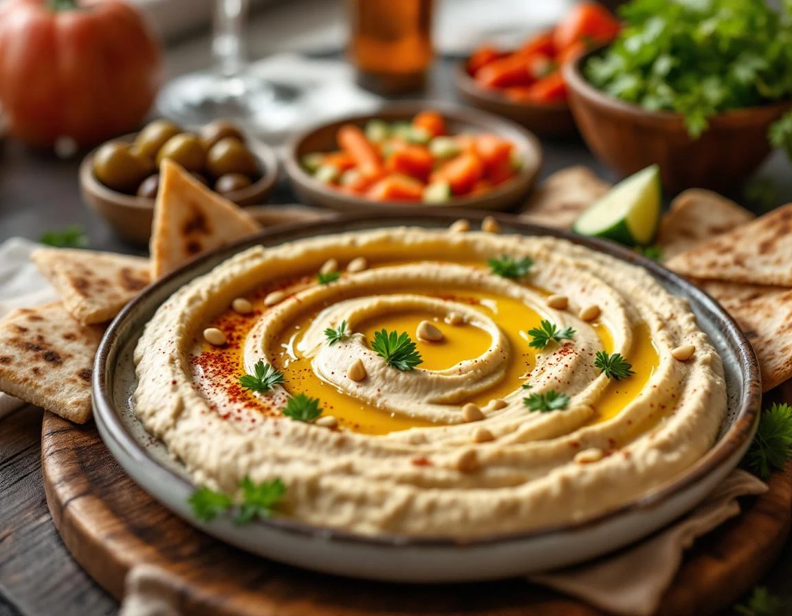 Professional catering hummus plate with olive oil, herbs, pita bread, and fresh vegetable accompaniments