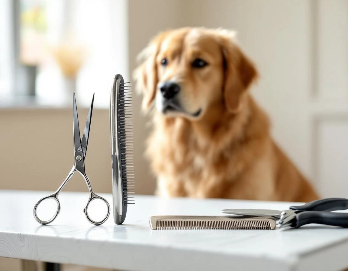 Professional grooming scissors, brushes, and tools arranged on table with golden retriever in background