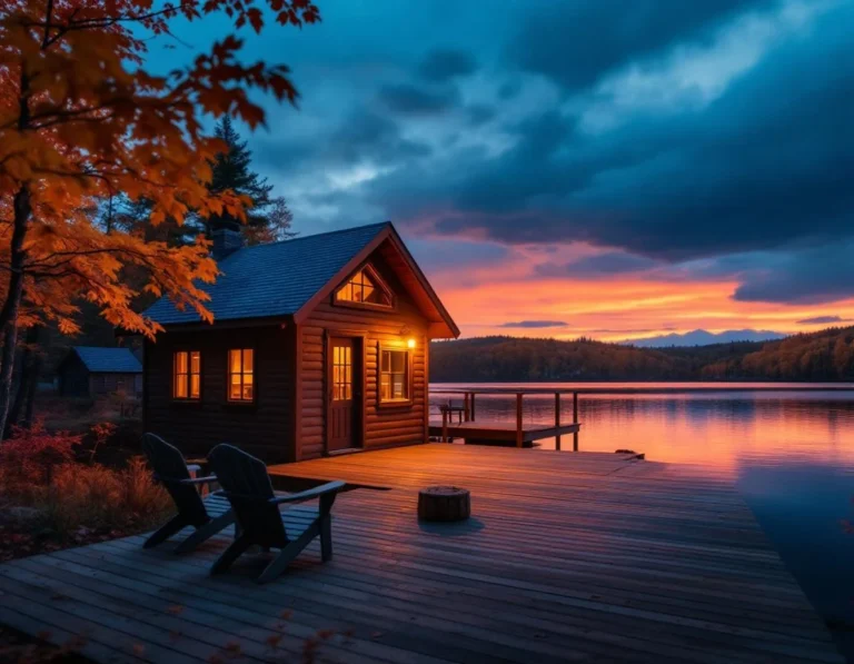 Lakeside cabin with glowing windows surrounded by fall foliage at dusk in mountain campground setting