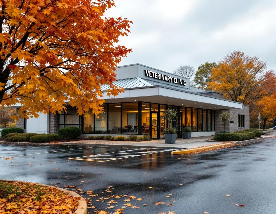 Modern veterinary clinic exterior with autumn foliage during overcast weather conditions