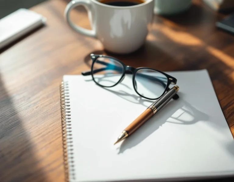 Professional desk with eyeglasses, blank notepad, pen, and coffee mug suggesting careful documentation practices
