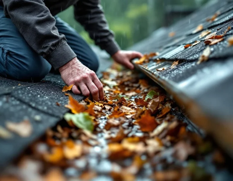 Rain-soaked roof with contractor inspecting clogged gutter during active storm damage assessment