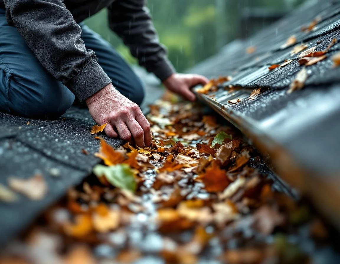 Rain-soaked roof with contractor inspecting clogged gutter during active storm damage assessment