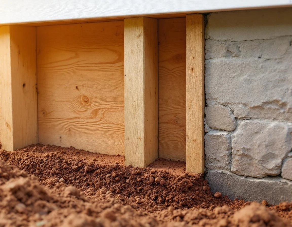 Wood foundation beams showing termite entry points where soil meets structural timber in Atlanta home construction