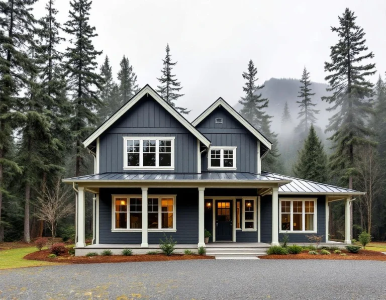 Modern farmhouse with forest mountain backdrop showing energy-efficient window installation and exterior upgrades