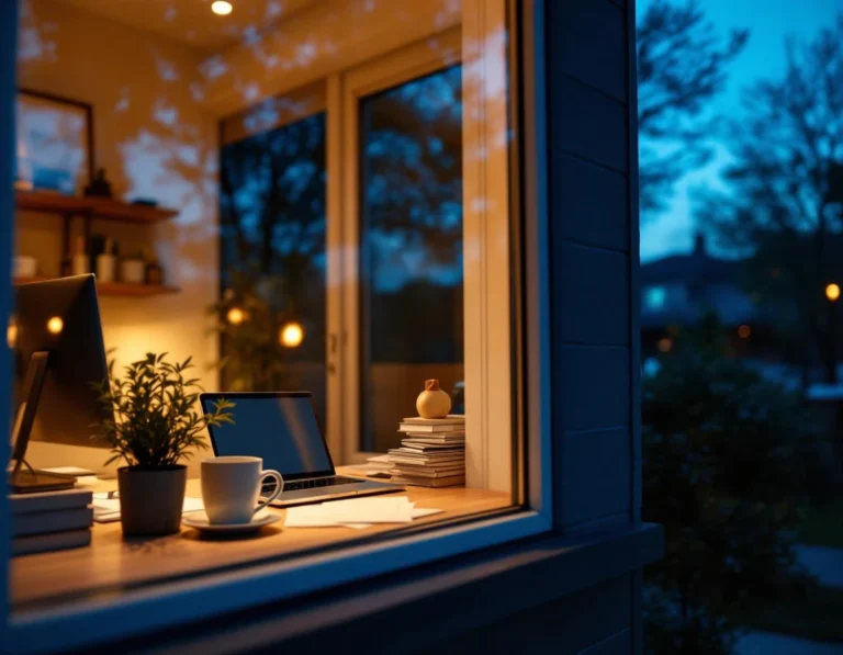 Home office workspace illuminated at twilight showing independent insurance agent work environment