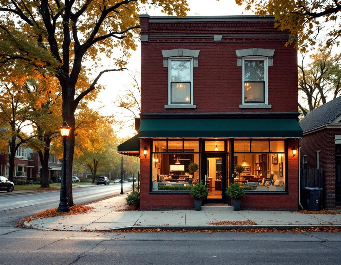 Independent insurance agency office in suburban neighborhood during early morning hours