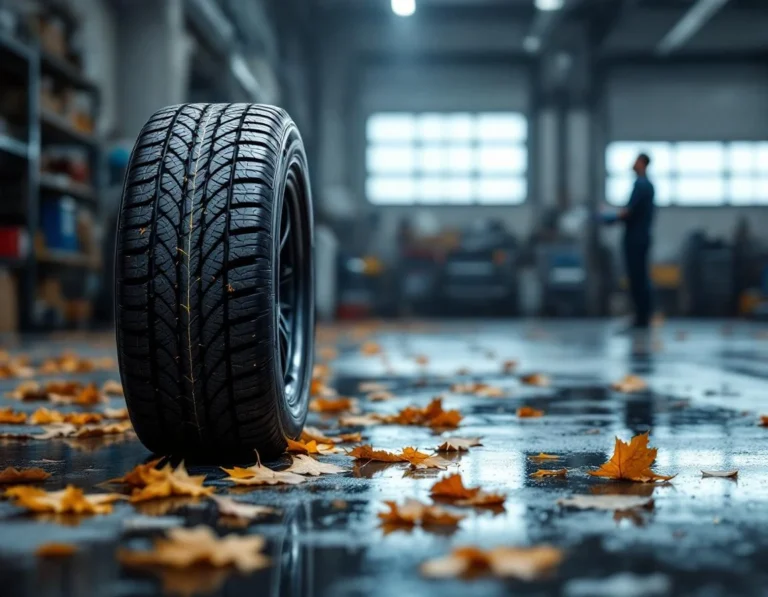 Winter tire with detailed tread pattern on wet automotive shop floor with scattered autumn leaves
