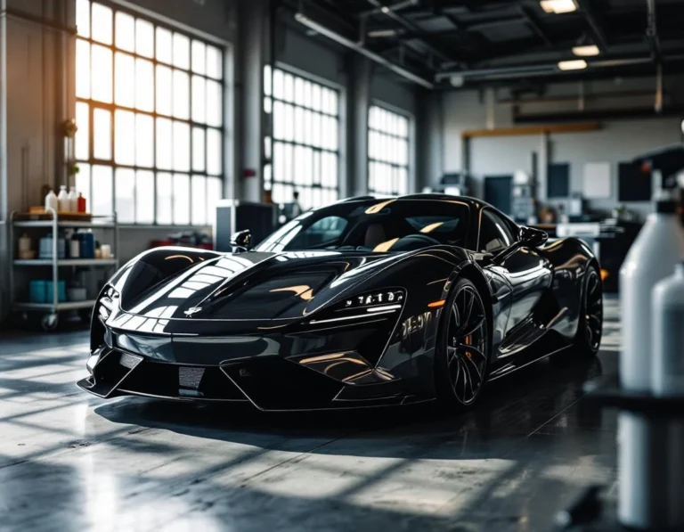 Luxury sports car in professional detailing garage with natural window lighting highlighting glossy paint finish