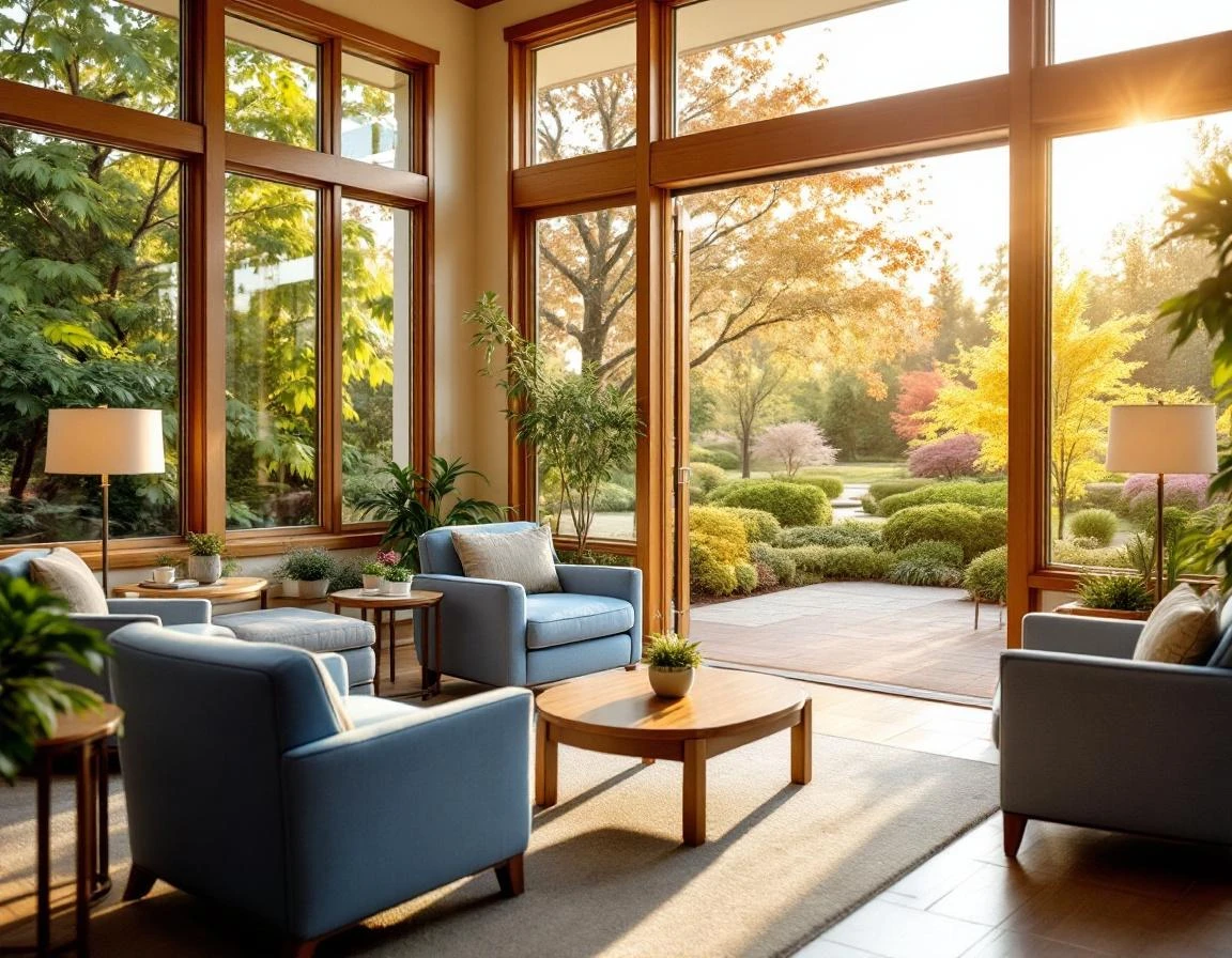 Welcoming assisted living common area with comfortable seating and natural light from garden-view windows