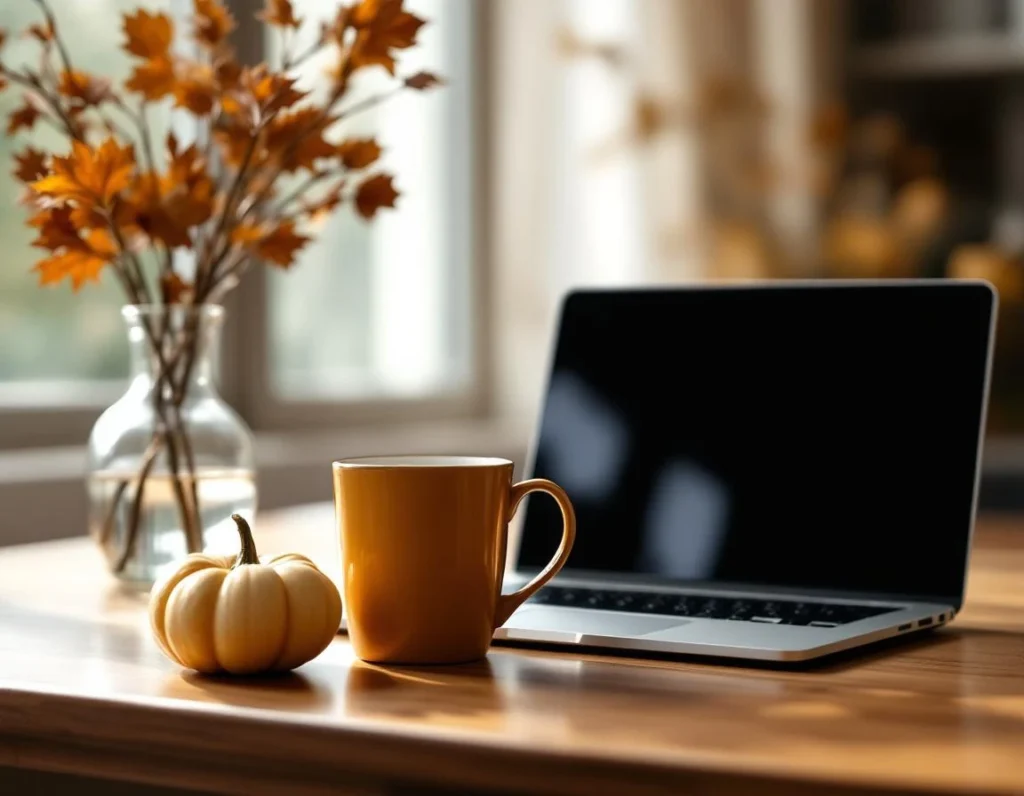 Autumn-themed professional workspace with coffee, pumpkins, and blurred laptop screen in natural window light