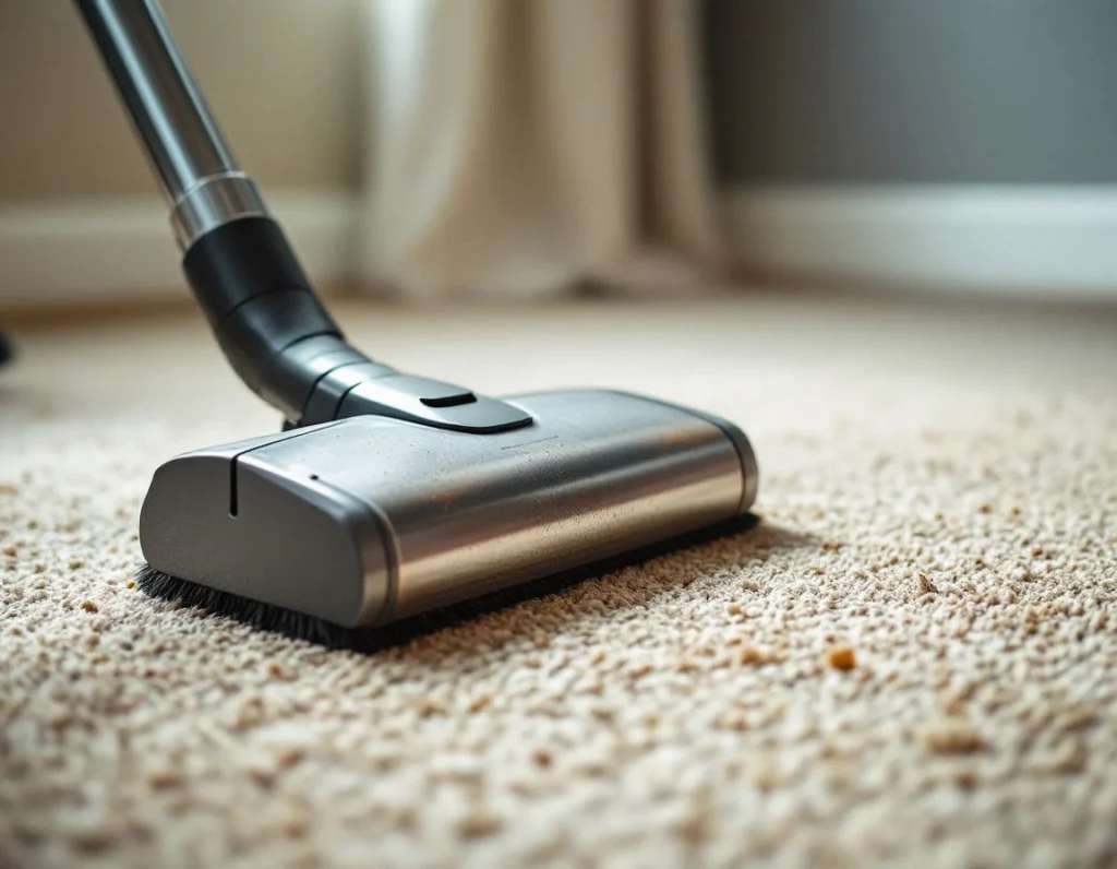 Professional carpet cleaning equipment showing rotary brush on residential carpet with natural wear patterns