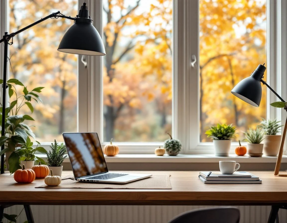 Autumn-themed office desk with laptops and seasonal decorations near window showing fall foliage