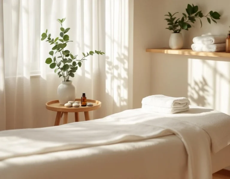 Peaceful spa treatment room with massage table, essential oils, and natural wellness elements in soft daylight
