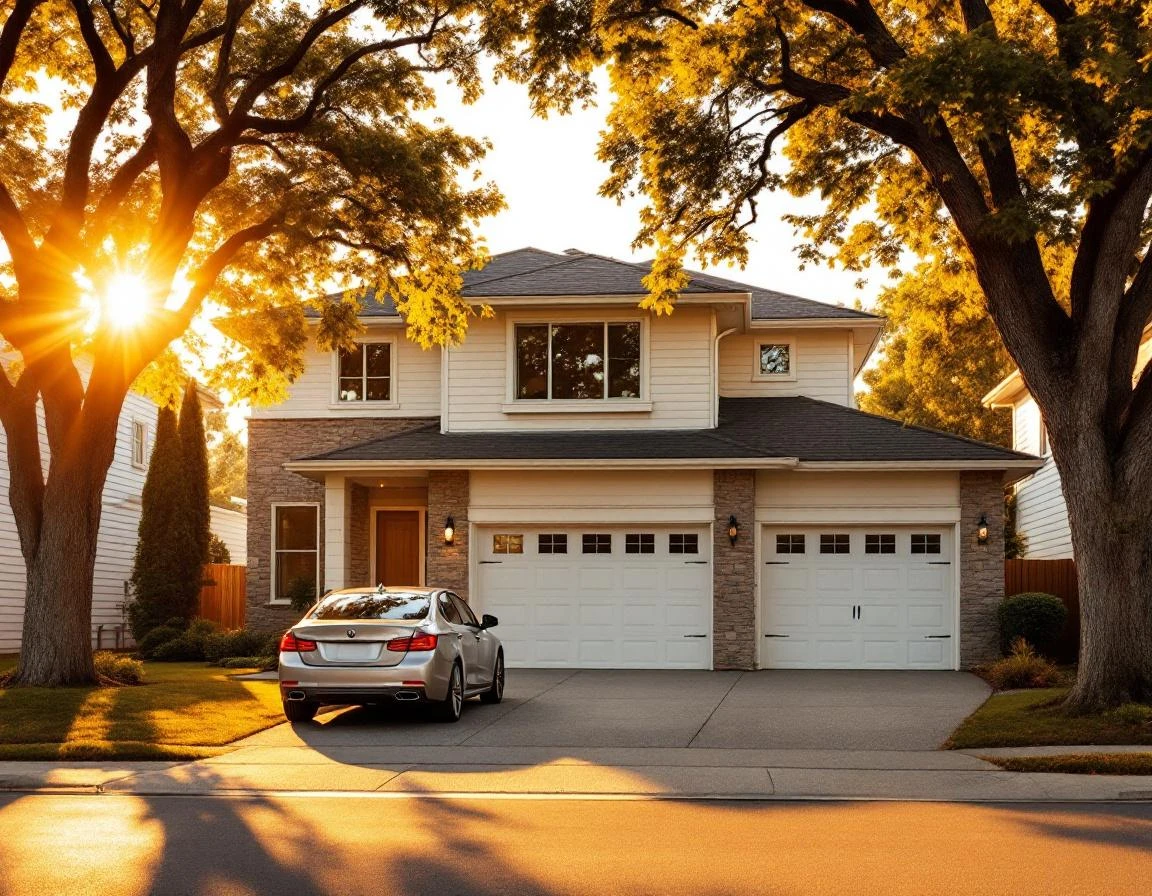 Suburban home with garage and car in driveway during natural sunset lighting without visible identifiers