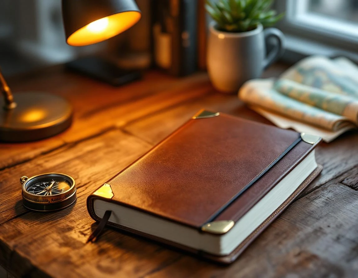 Closed leather travel journal with brass compass on wooden desk under warm lamp light
