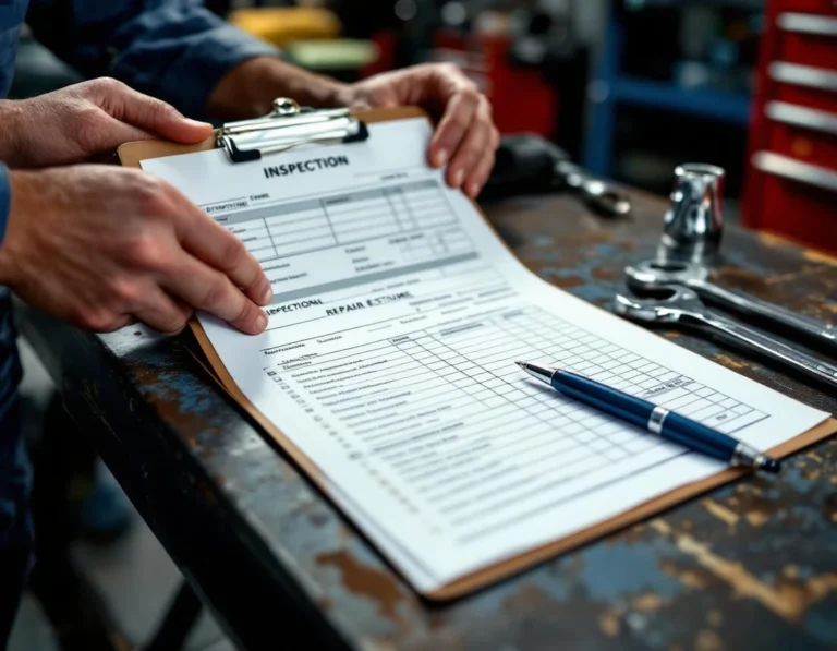 Repair documentation and tools on automotive shop workbench showing transparent claims process workflow