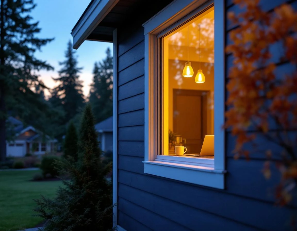 Home office window glowing at dusk showing workspace ready for real-time content creation during rate changes