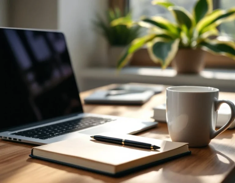Professional desk workspace with laptop, coffee, and journal in natural morning light