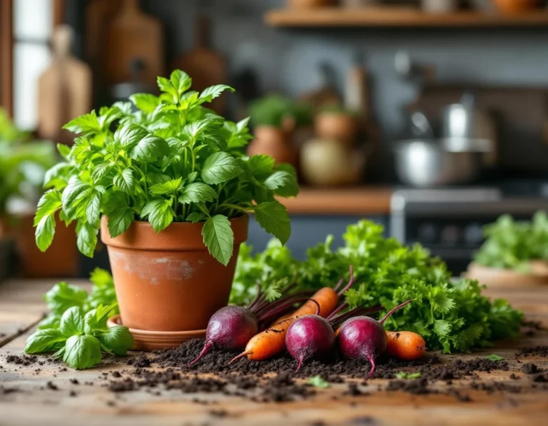 Fresh herbs and root vegetables with soil on wooden counter showing farm-to-table ingredient sourcing