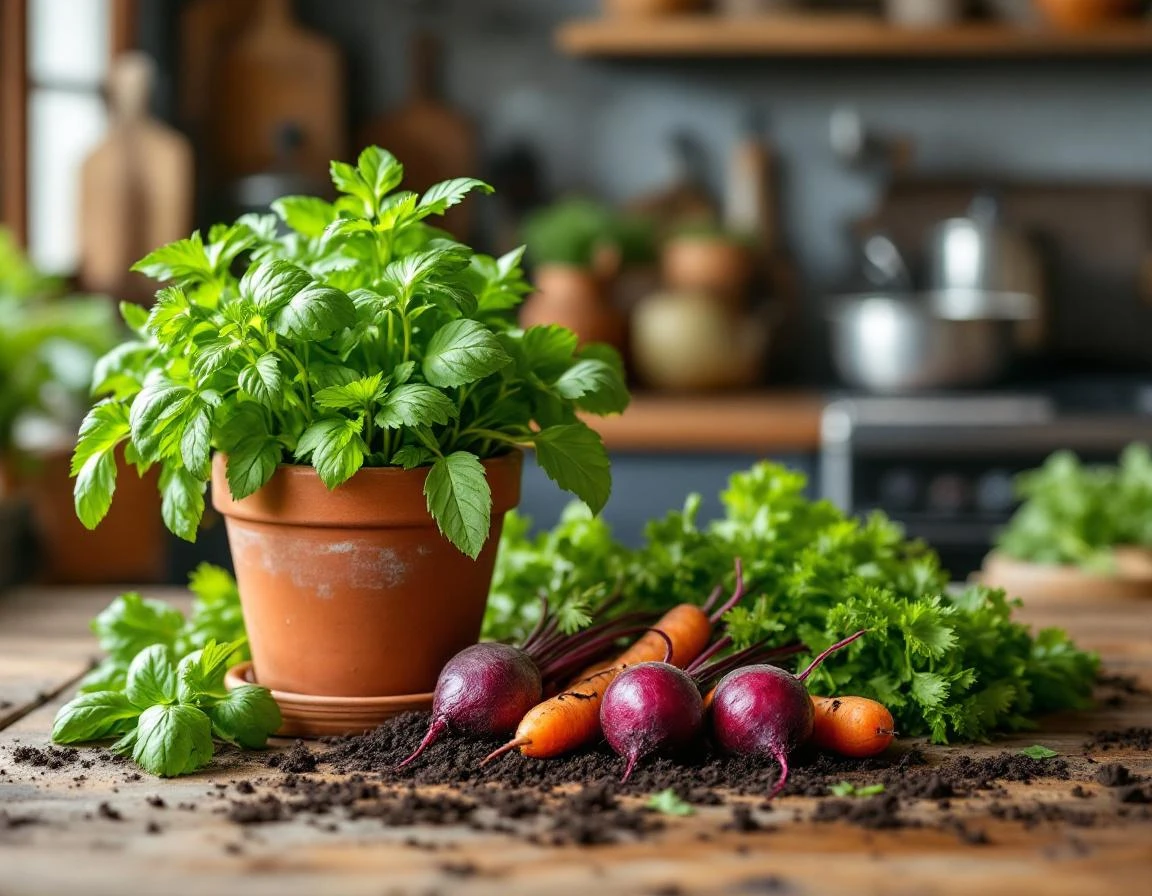 Fresh herbs and root vegetables with soil on wooden counter showing farm-to-table ingredient sourcing