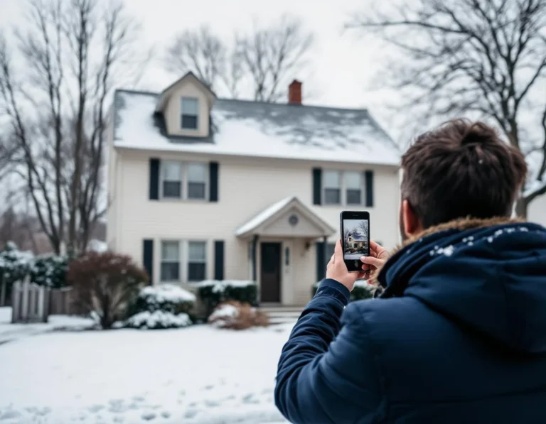 Homeowner documenting roof condition with smartphone during winter storm in Milwaukee residential neighborhood
