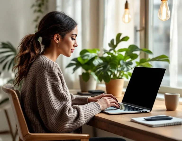 Hospitality professional researching seasonal travel content at home office workspace with natural window lighting