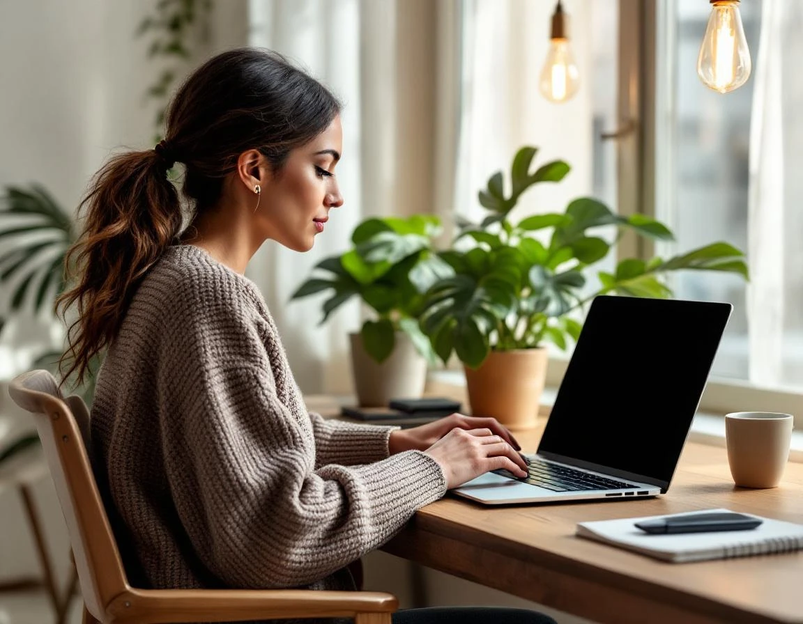 Hospitality professional researching seasonal travel content at home office workspace with natural window lighting