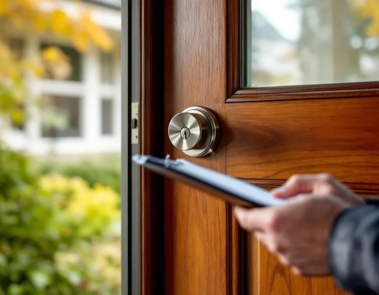 High-security deadbolt on residential door with verification clipboard in foreground