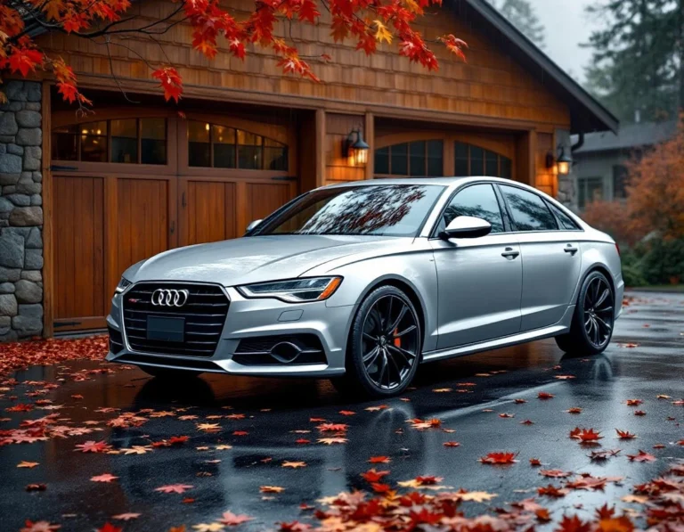 Luxury sedan in residential driveway during late autumn with wet pavement and fallen leaves