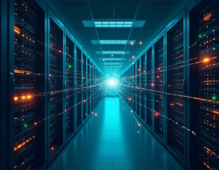 Server infrastructure with web crawler pathways showing blocked and accessible routes through data centers