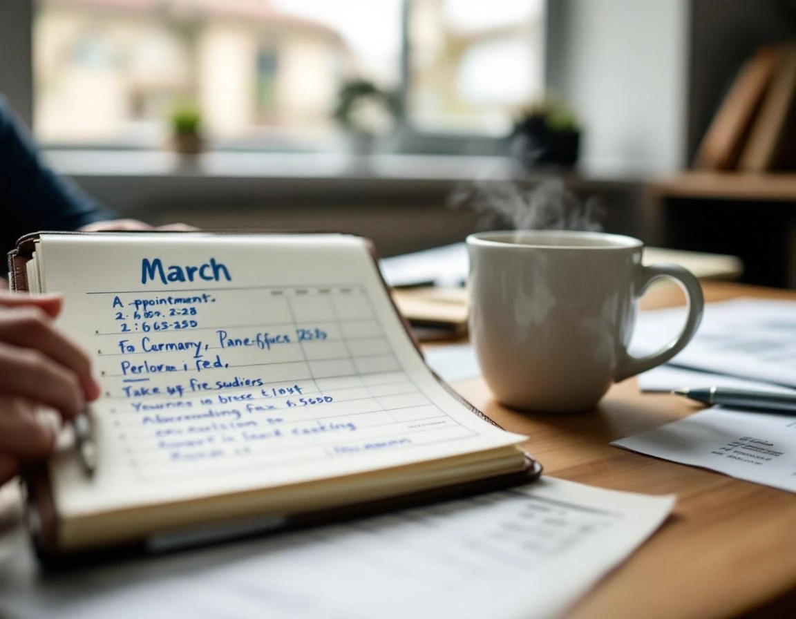 Accountant's organized desk workspace with planner, coffee, and tax documents during preparation season