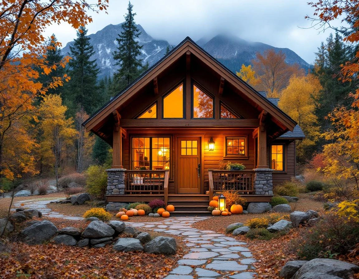 Mountain vacation rental cabin surrounded by autumn foliage during shoulder season with warm interior lighting