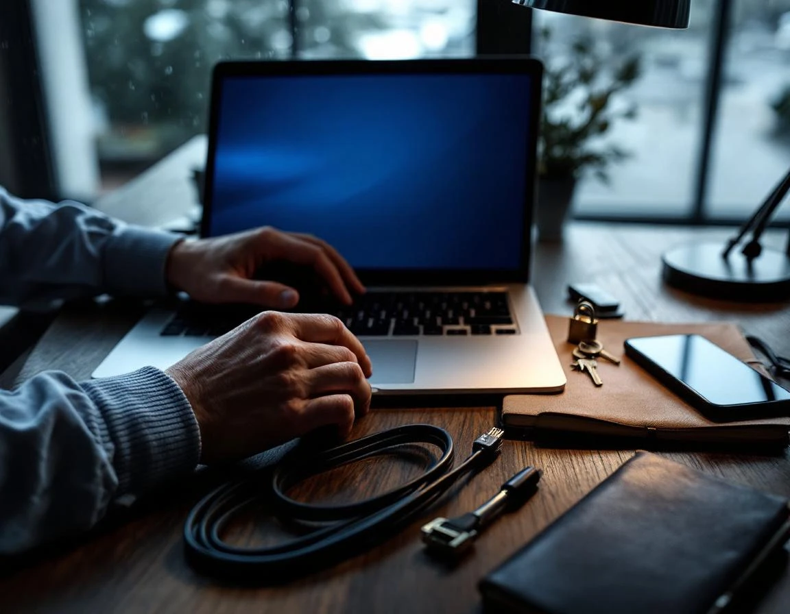 Hands working on laptop with security hardware including padlock and network cables on professional desk