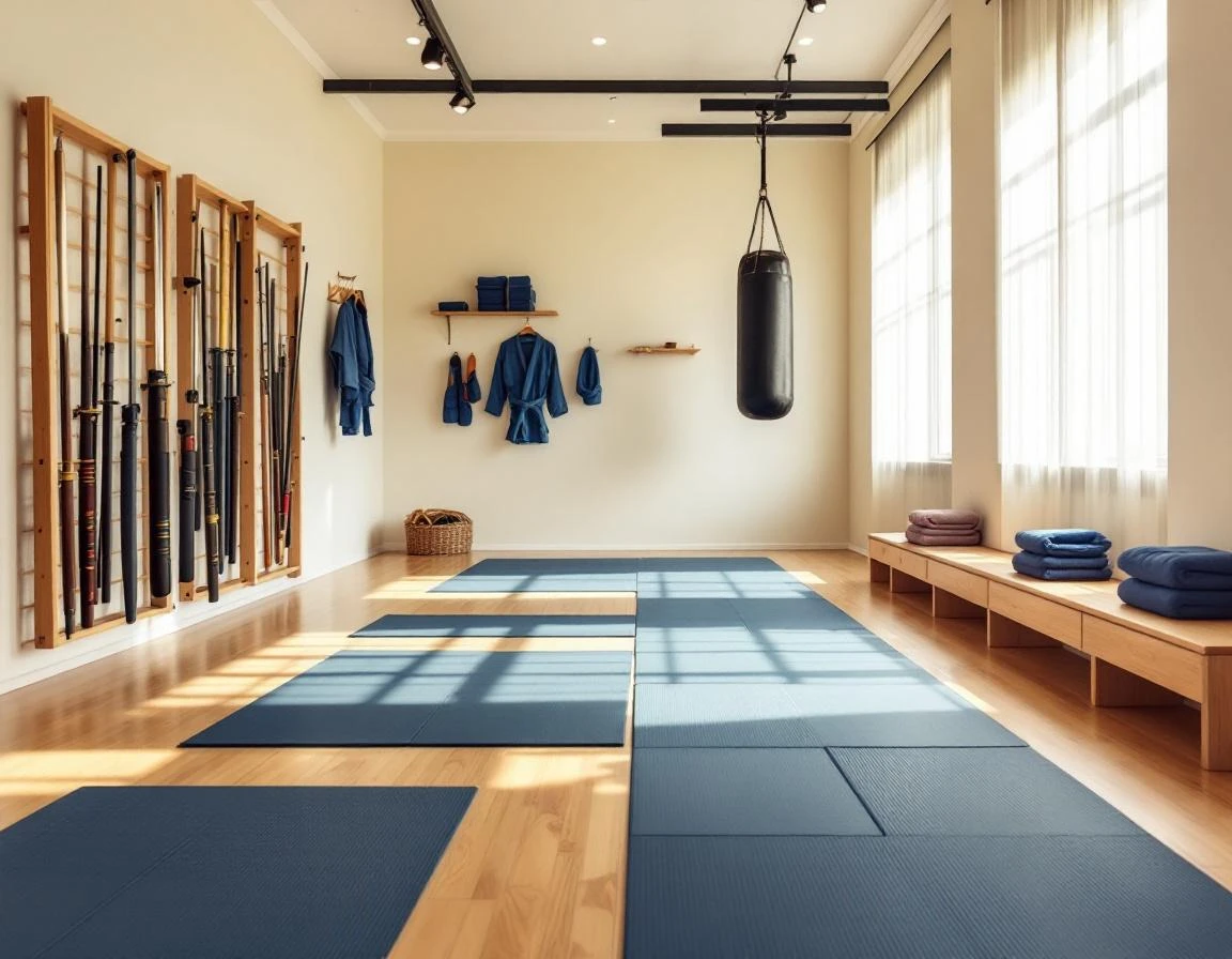 Professional martial arts training studio interior with traditional mats and equipment visible through natural window light