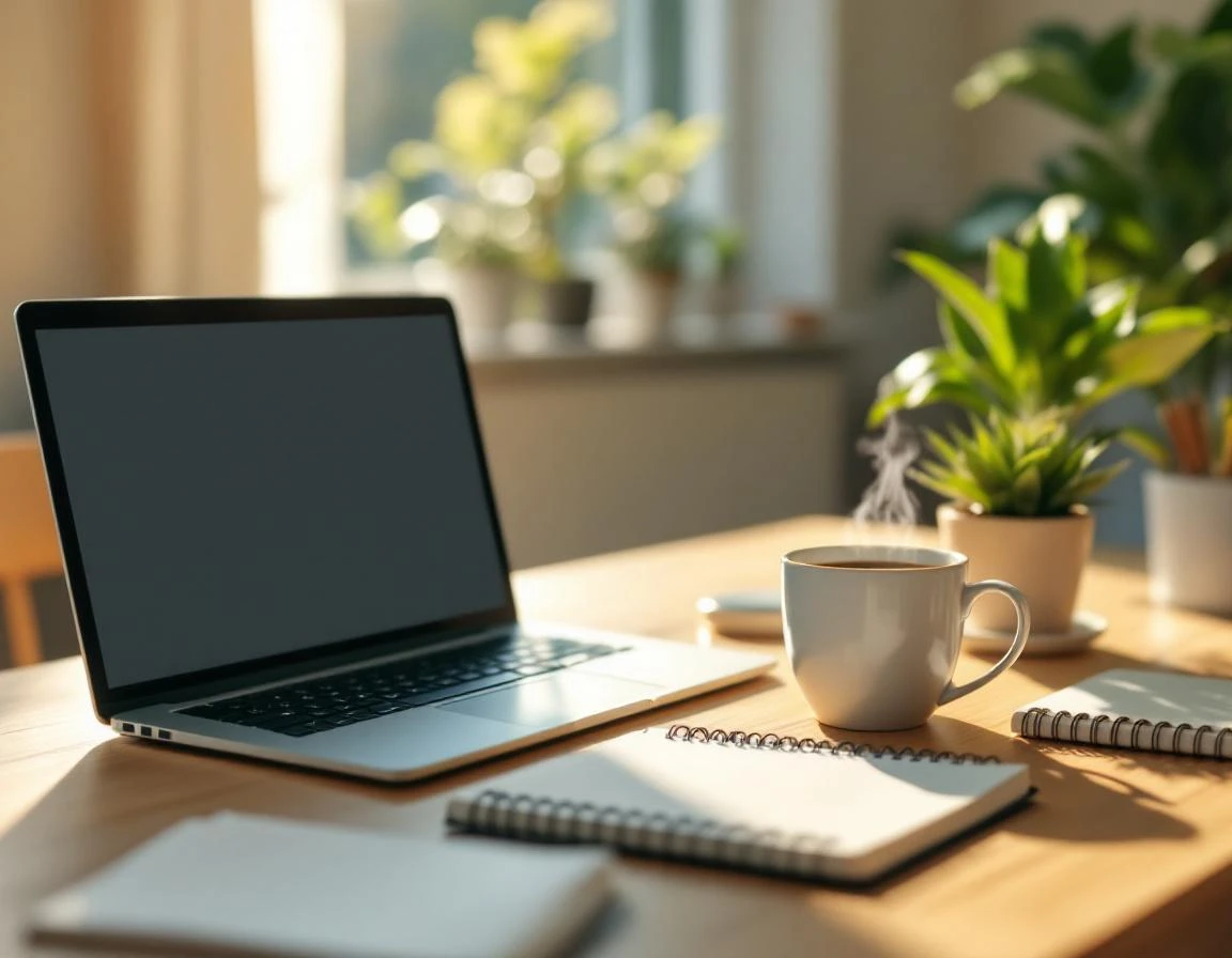 Home office desk workspace with laptop, coffee, and plants in natural window light