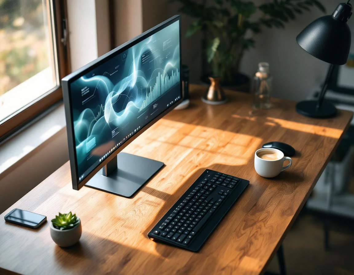 Modern home office workspace with monitor, coffee, and plant showing professional content management setup