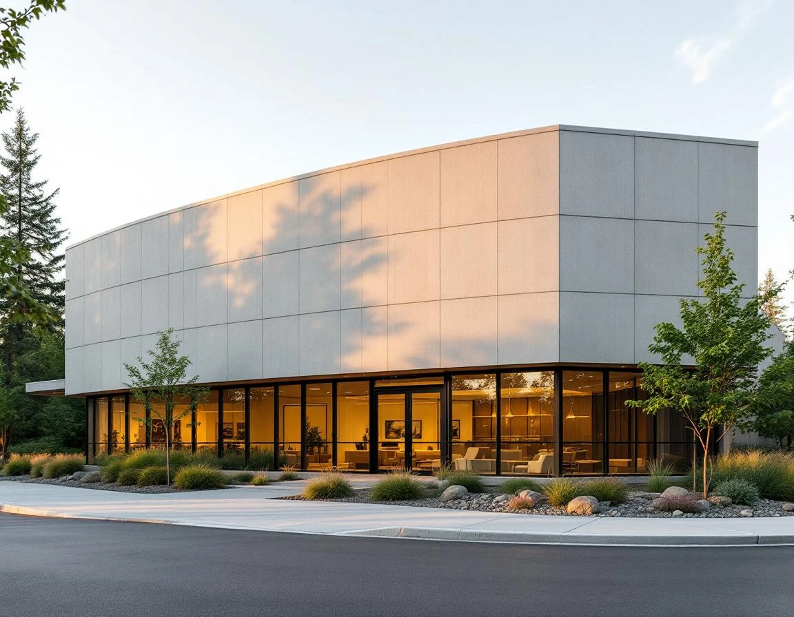 Modern commercial building with glass facade and concrete exterior in natural morning light