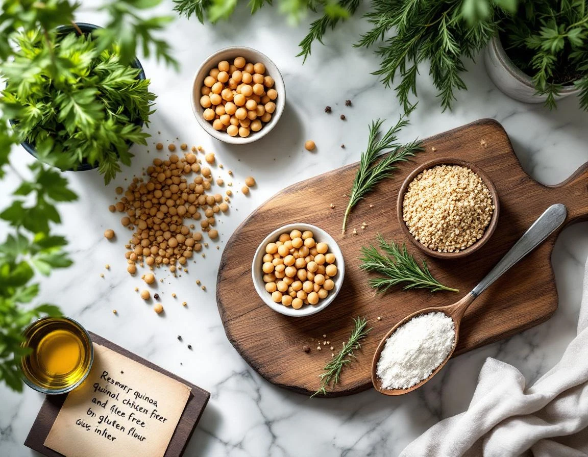 Overhead flat-lay of fresh herbs and dietary-friendly ingredients arranged on wooden cutting board with recipe notes