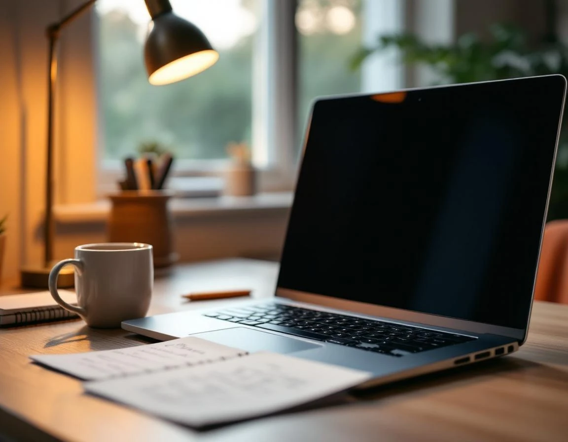 Minimalist desk workspace with closed laptop, desk lamp, and coffee mug in natural morning light