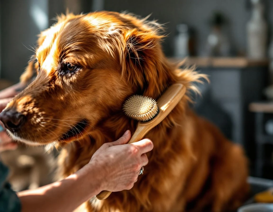 Professional groomer brushing golden retriever coat with wooden slicker brush in natural window light