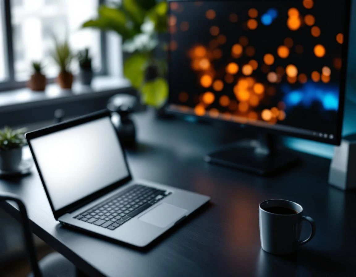 Minimalist workspace desk with blurred laptop screen and coffee mug during afternoon work session