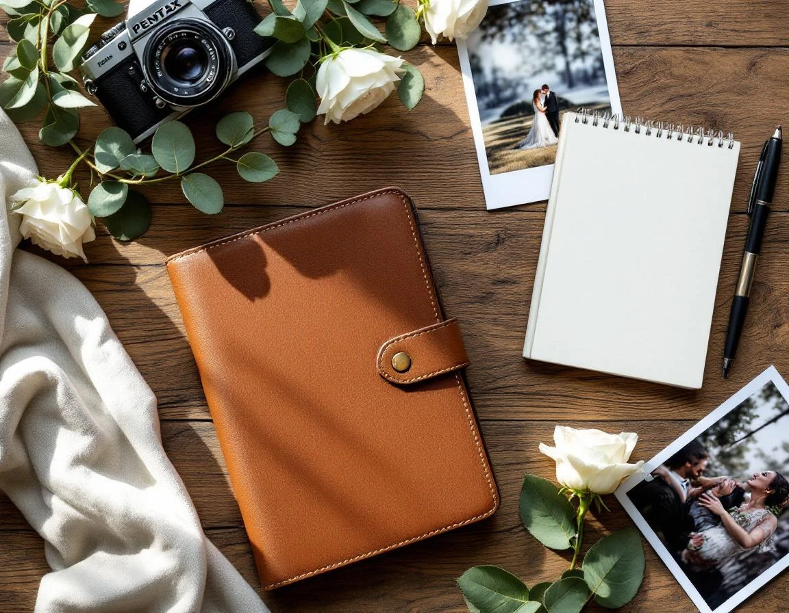 Flat-lay of leather photography portfolio, vintage camera, wedding prints, and botanical elements on wood surface