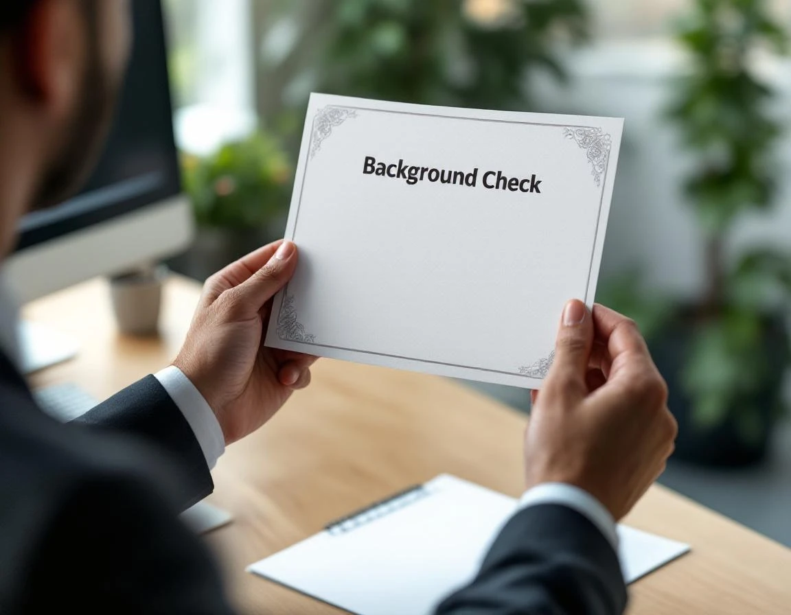 Hands holding blank background verification certificate on office desk with natural lighting