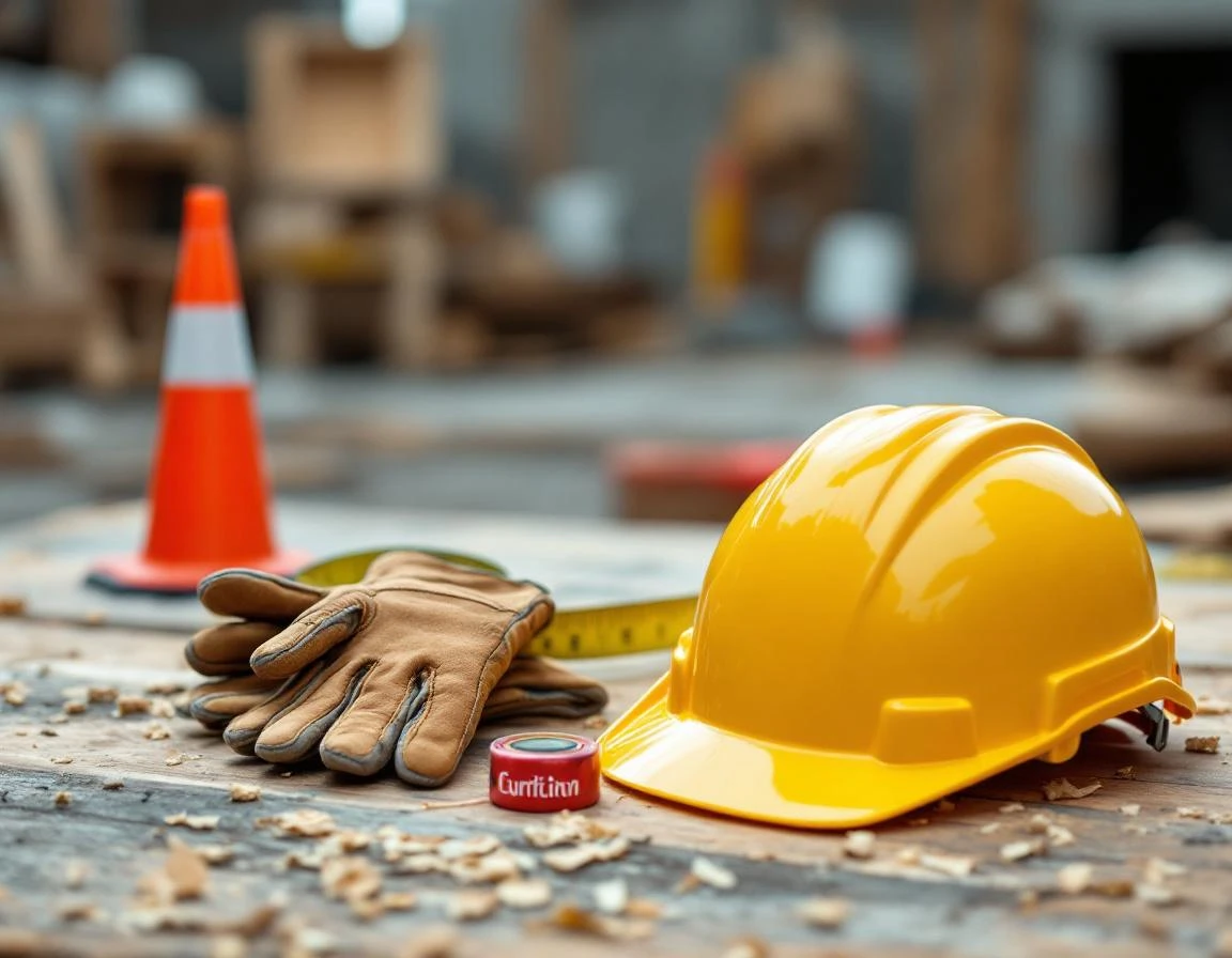 Construction safety equipment including hard hat, work gloves, and traffic cone arranged on job site surface