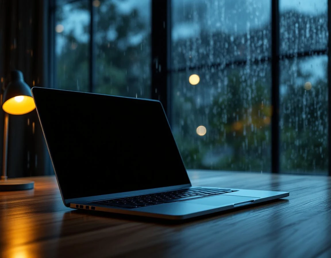 Laptop workspace beside rain-streaked window during severe storm, ready for emergency content publishing